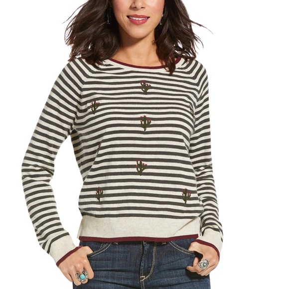 Ariat Women’s Fonda Sweater Stripes Embroidered Cactus Plus Size XXL - Picture 1 of 13